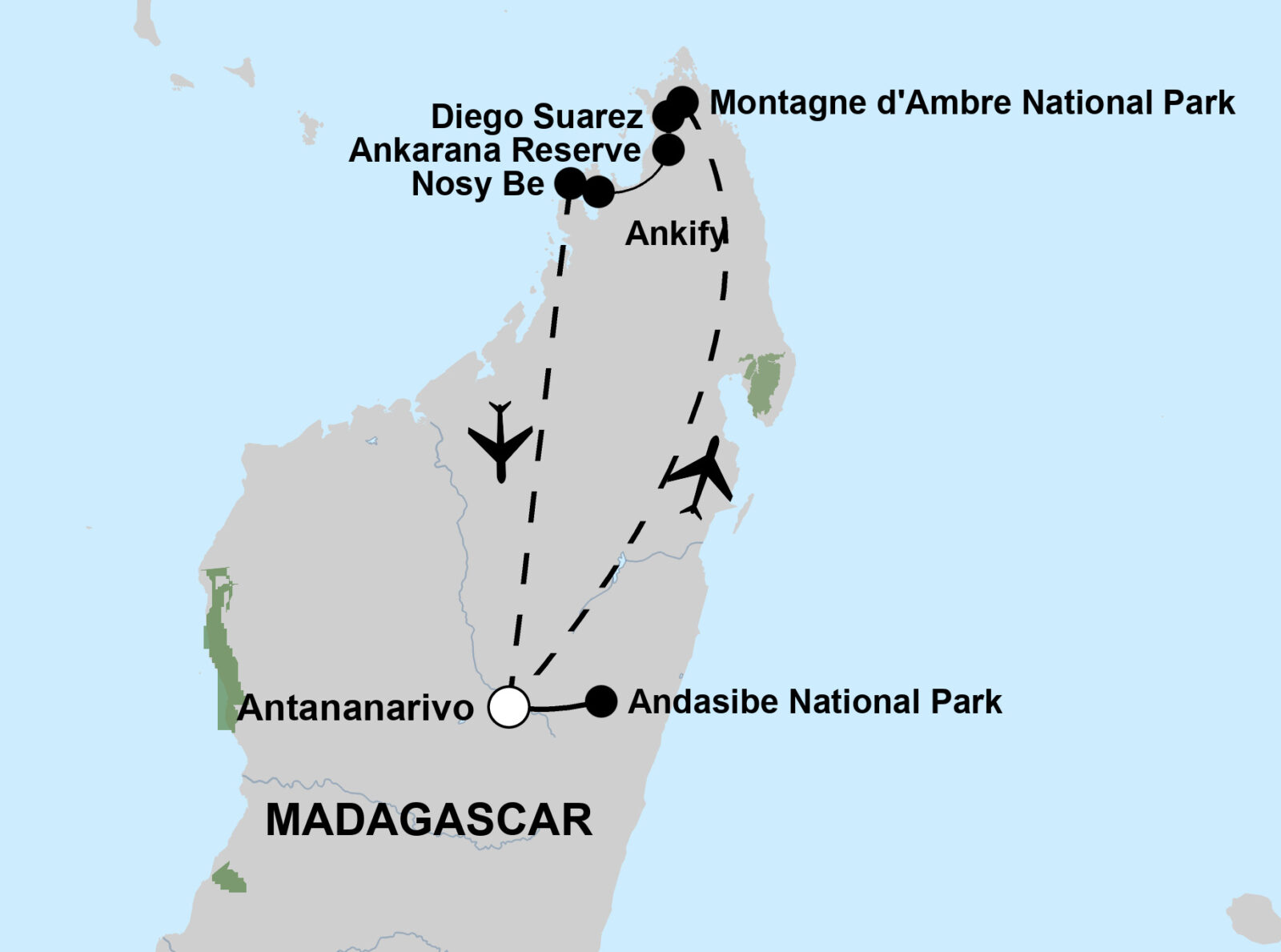 Karte mit allen Stopps auf der Wild-Wonders-of-Madagascar-Tour
